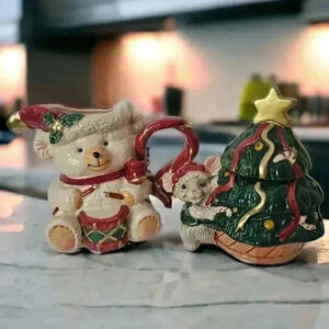 Vtg 1995 Fitz & Floyd Omnibus Holiday Bears Sugar Bowl & Creamer Set